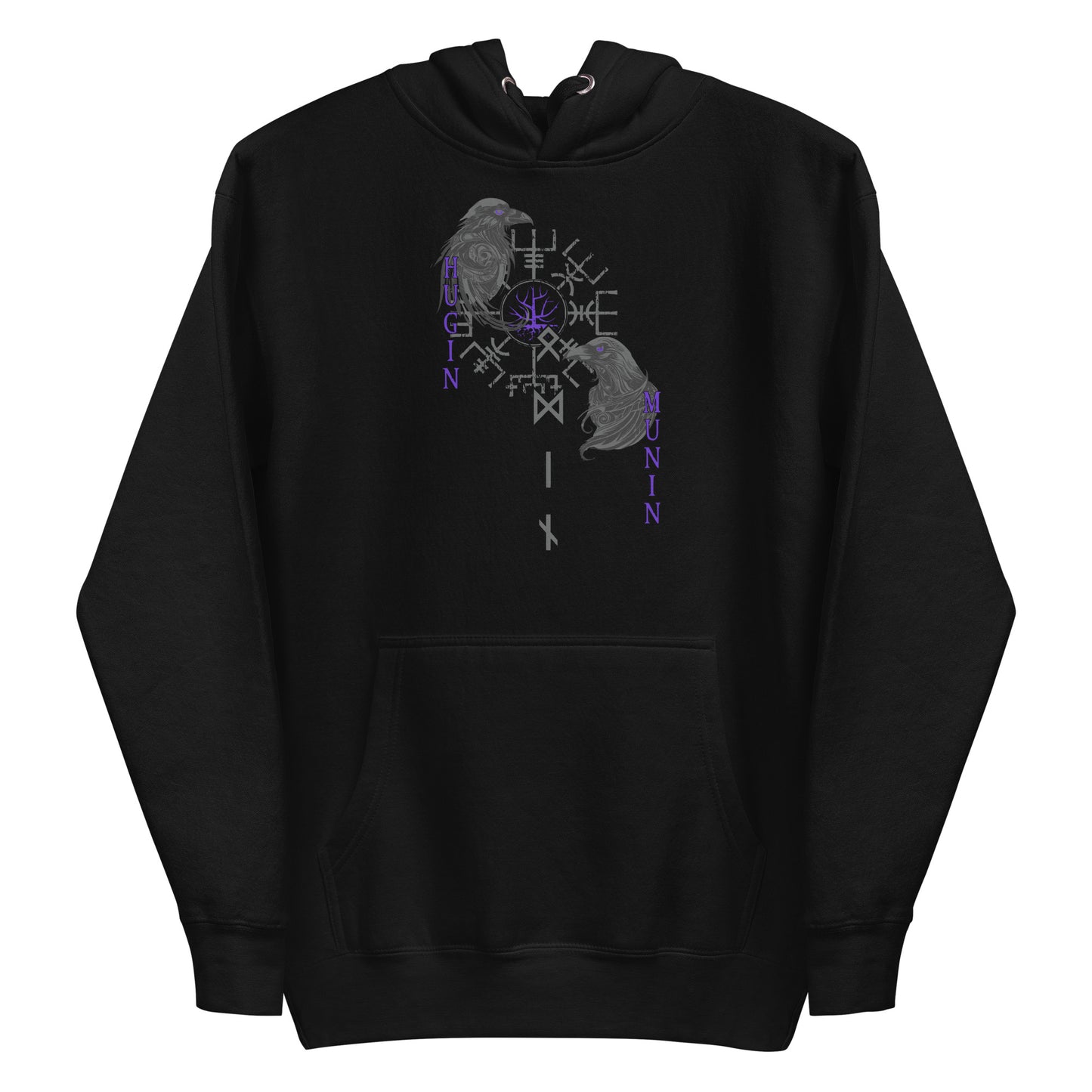 Frontansicht eines Wikinger Hoodie mit abgebildeten Raben Hugin und Munin mit norischer Schrift und Runen