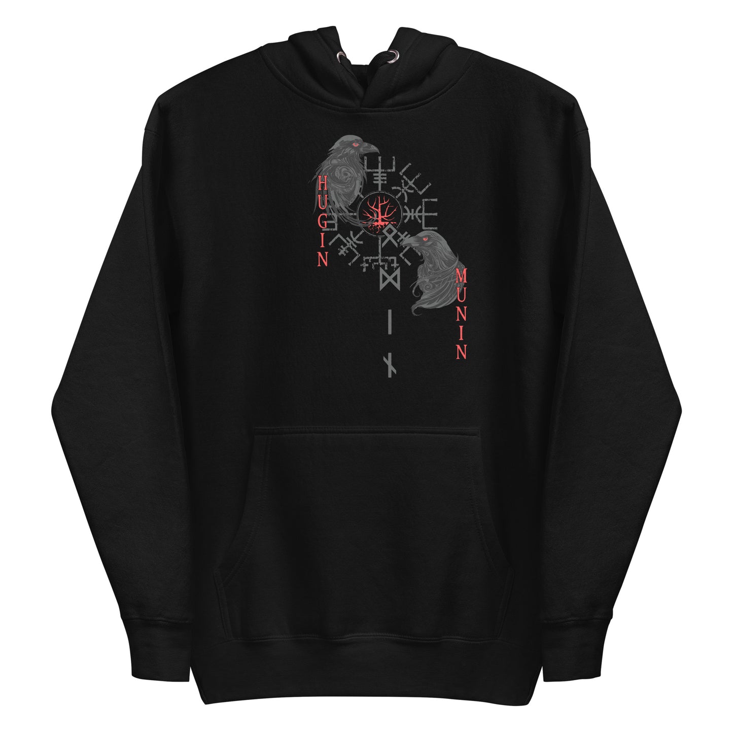 Frontansicht eines Wikinger Hoodie mit abgebildeten Raben Hugin und Munin mit norischer Schrift und Runen
