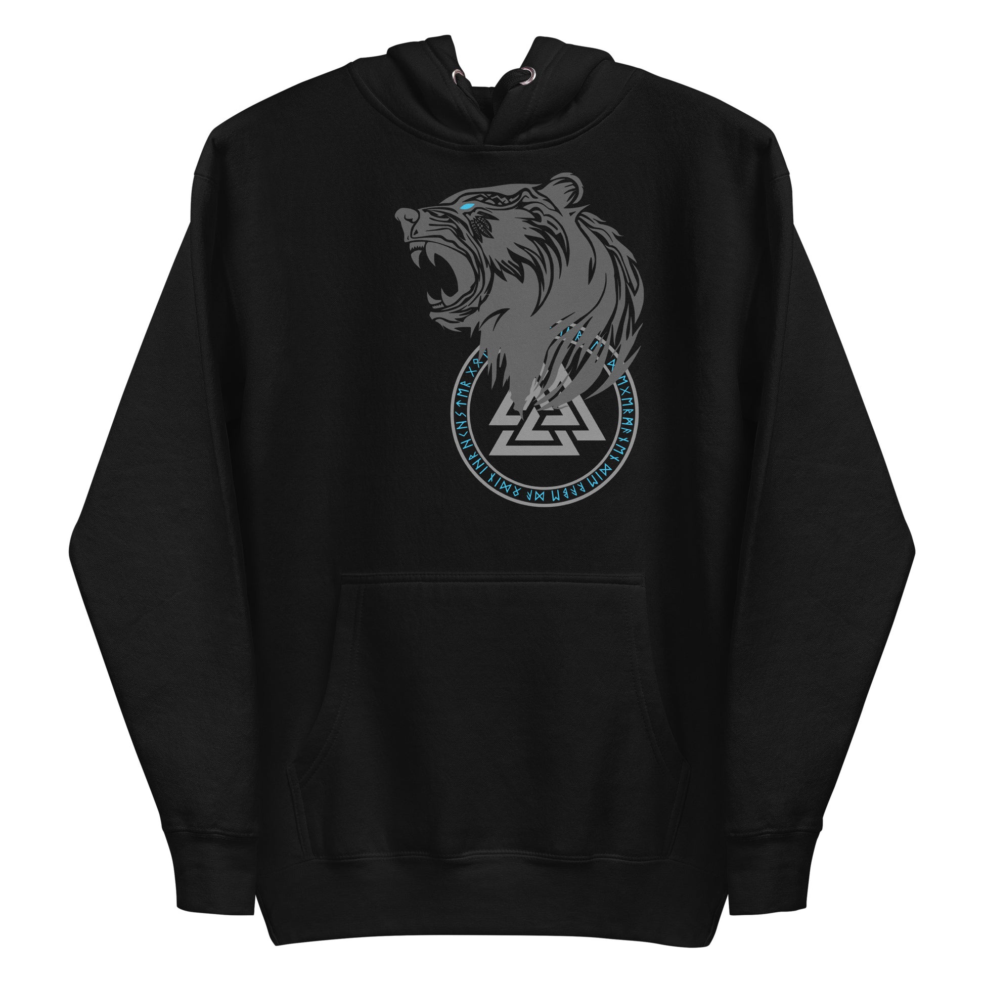 Frontansicht eines Wikinger Hoodie mit abgebildetem bruellendem Baer mit norischer Schrift und Runen