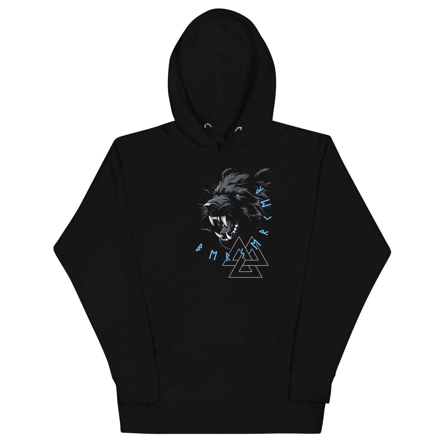 Frontansicht eines Wikinger Hoodie mit abgebildetem wilden Baer mit norischer Schrift und Runen