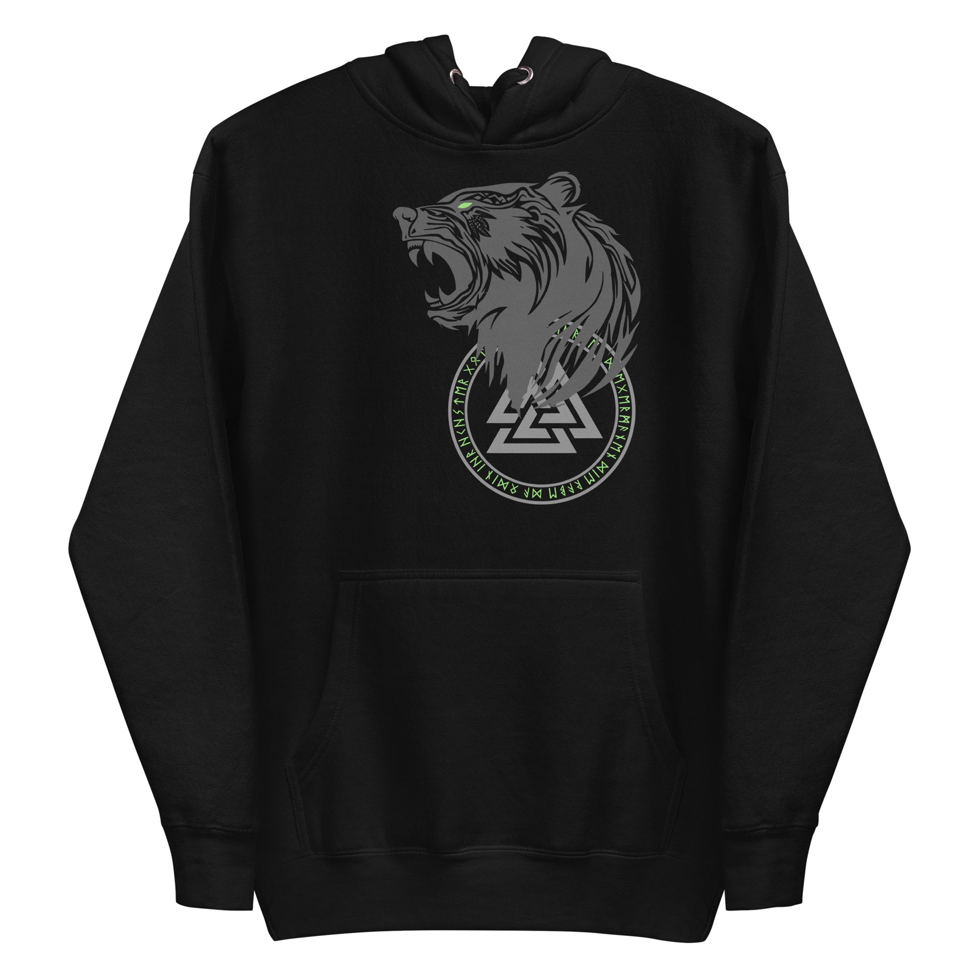 Frontansicht eines Wikinger Hoodie mit abgebildetem bruellendem Baer mit norischer Schrift und Runen