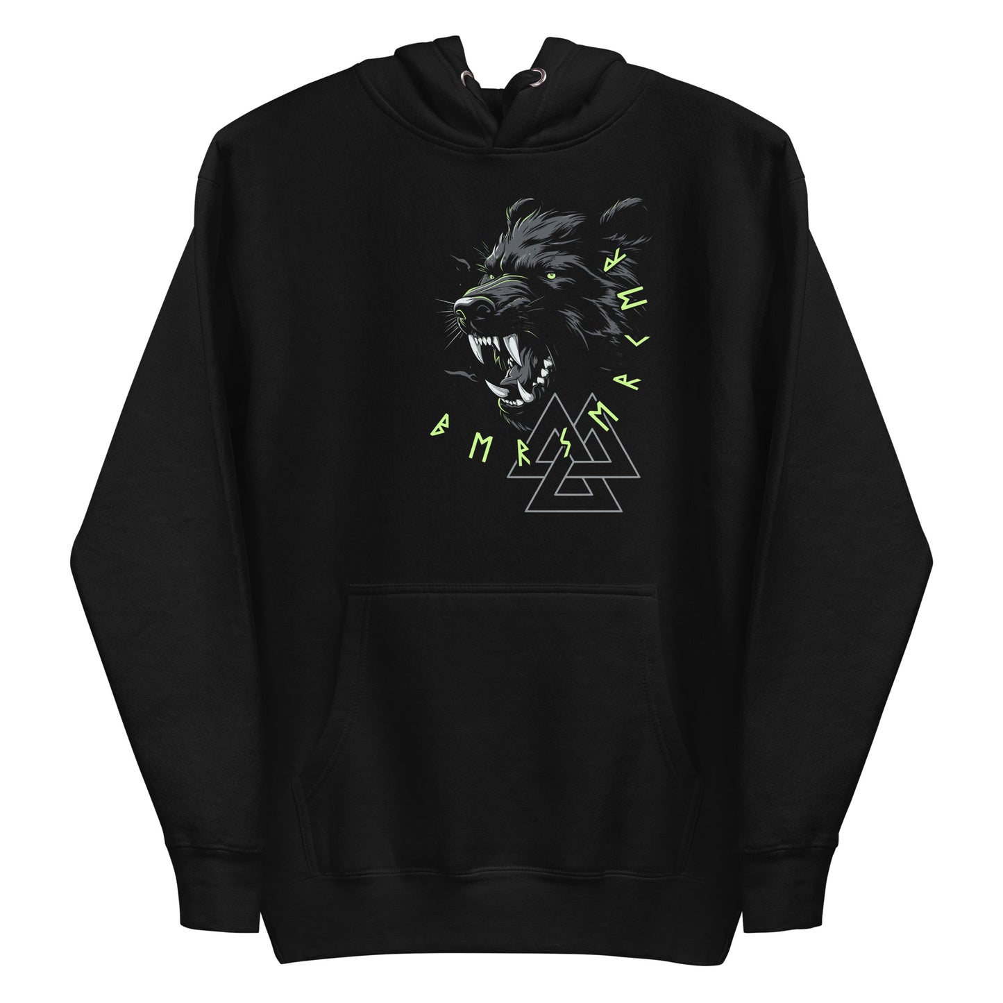 Frontansicht eines Wikinger Hoodie mit abgebildetem wilden Baer mit norischer Schrift und Runen