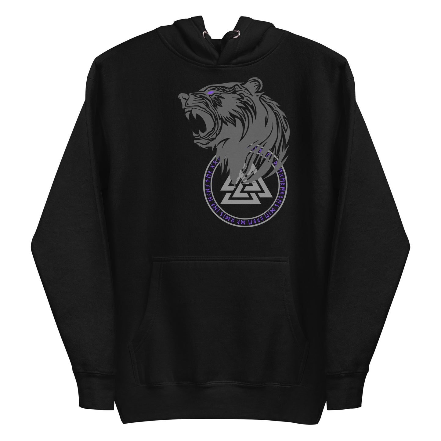Frontansicht eines Wikinger Hoodie mit abgebildetem brüllendem Baer mit norischer Schrift und Runen