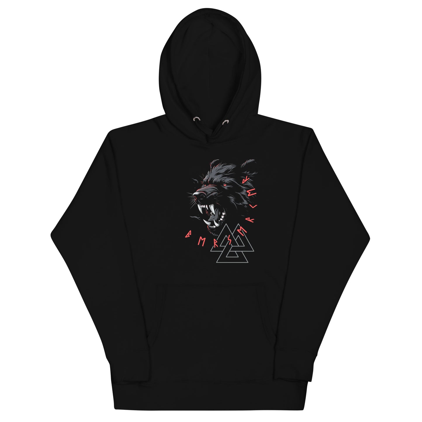 Frontansicht eines Wikinger Hoodie mit abgebildetem wilden Baer mit norischer Schrift und Runen