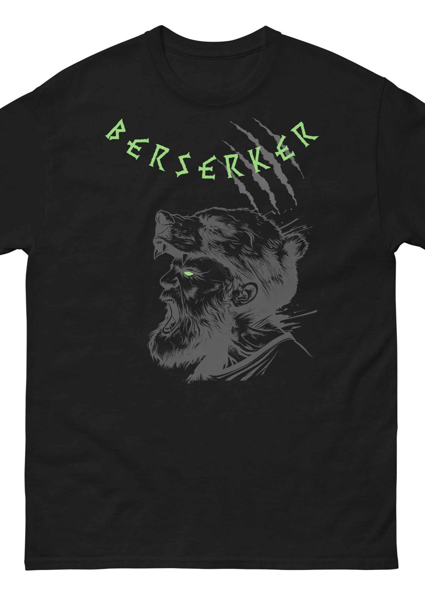 Frontansicht eines Wikinger T-Shirts mit einem eilden Berserker, nordischen Runen und Schrift