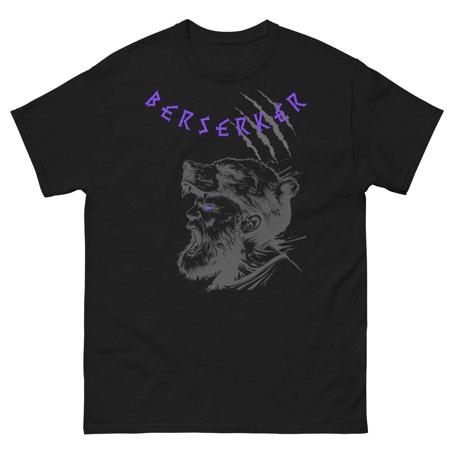 Frontansicht eines Wikinger T-Shirts mit einem eilden Berserker, nordischen Runen und Schrift