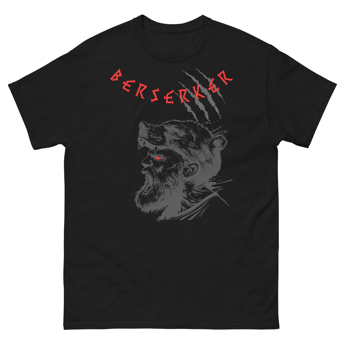 Frontansicht eines Wikinger T-Shirts mit einem eilden Berserker, nordischen Runen und Schrift