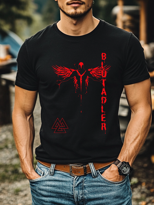 Frontansicht eines Wikinger T-Shirts mit einem Blutadler nordischen Runen und Schrift