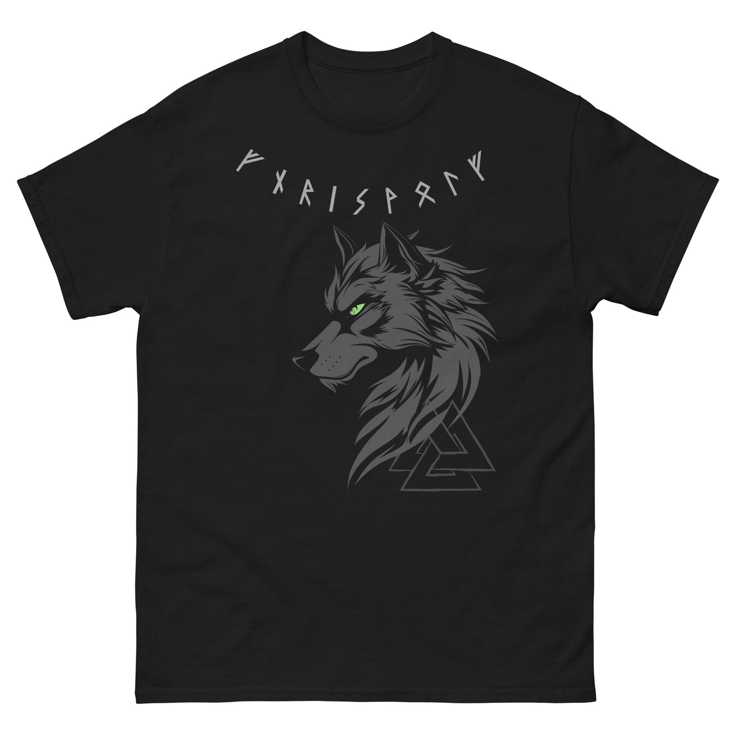 Frontansicht eines Wikinger T-Shirts mit Fenris Wolf, nordischen Runen und Schrift