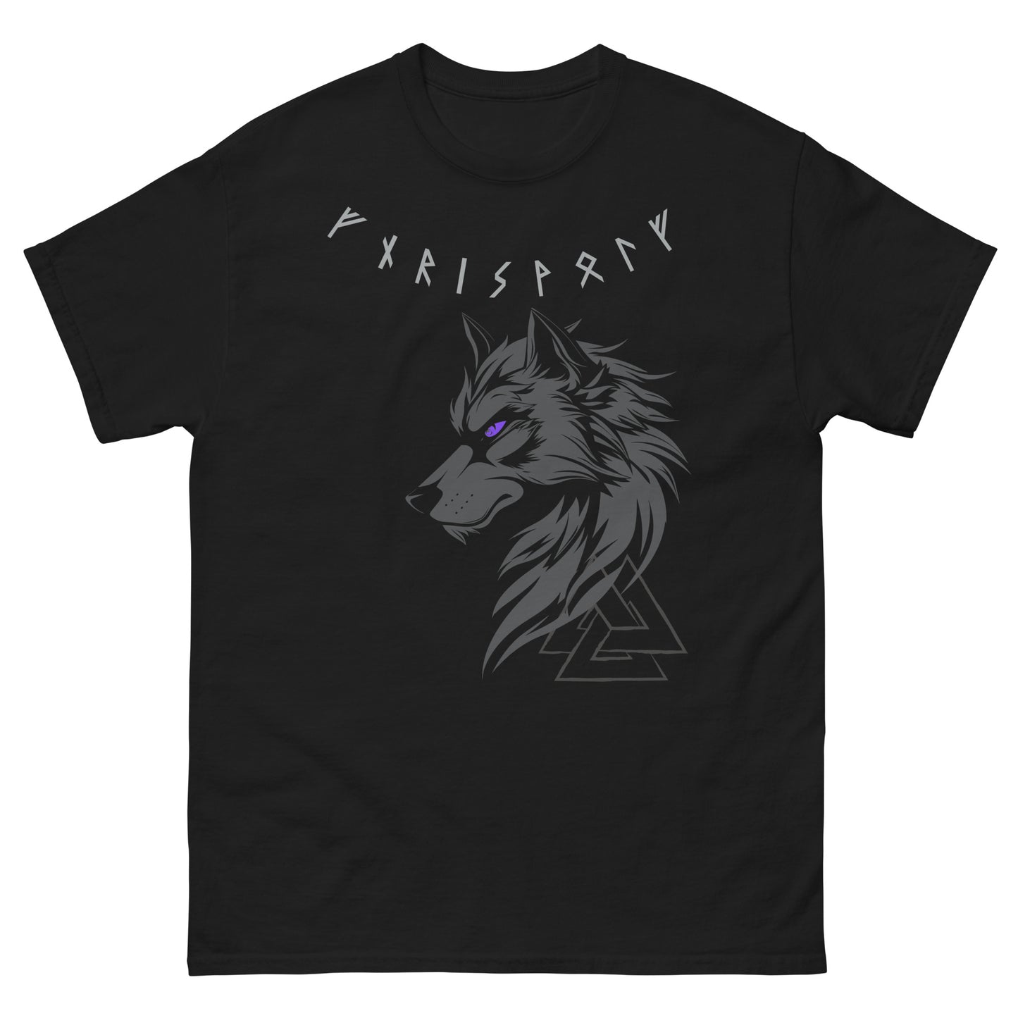 Frontansicht eines Wikinger T-Shirts mit Fenris Wolf, nordischen Runen und Schrift