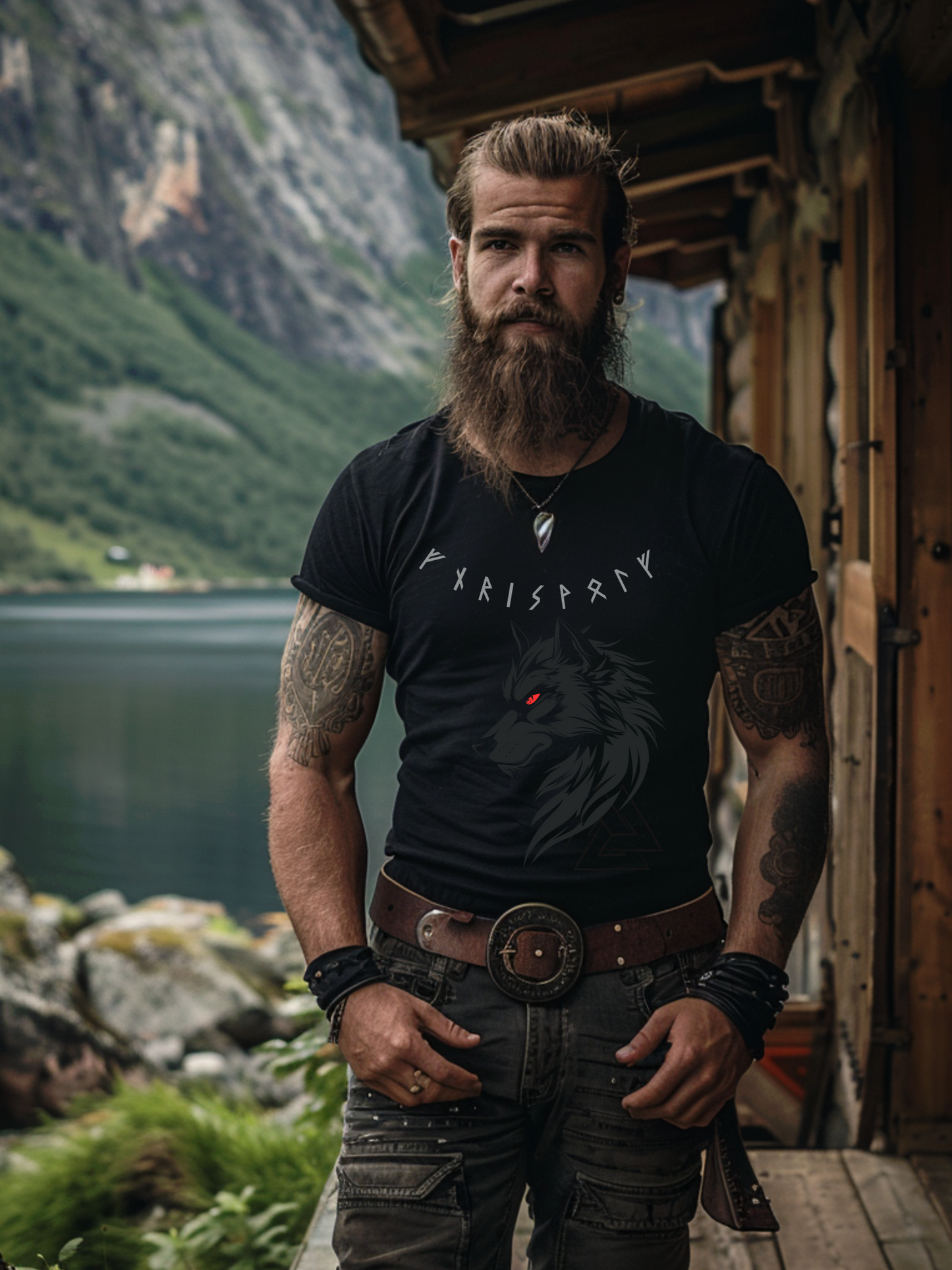 Frontansicht eines Wikinger T-Shirts mit Fenris Wolf, nordischen Runen und Schrift