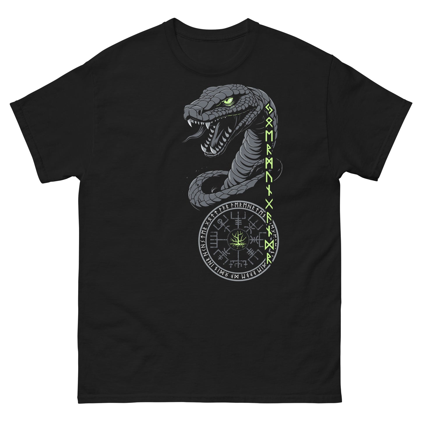 Frontansicht eines Wikinger T-Shirts mit der Midgard Schlange, nordischen Runen und Schrift