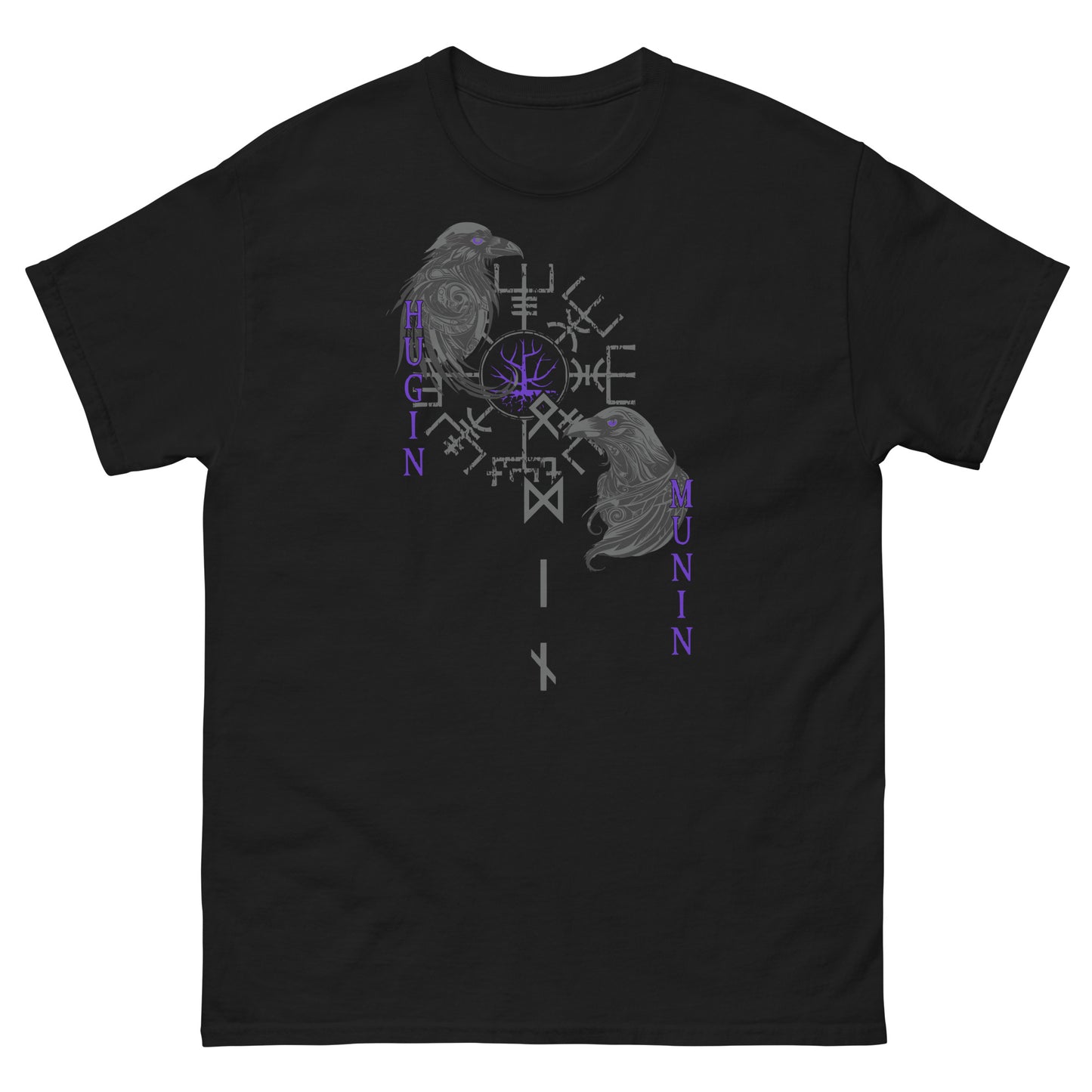 Frontansicht eines Wikinger T-Shirts mit Odins Raben, nordischen Runen und Schrift
