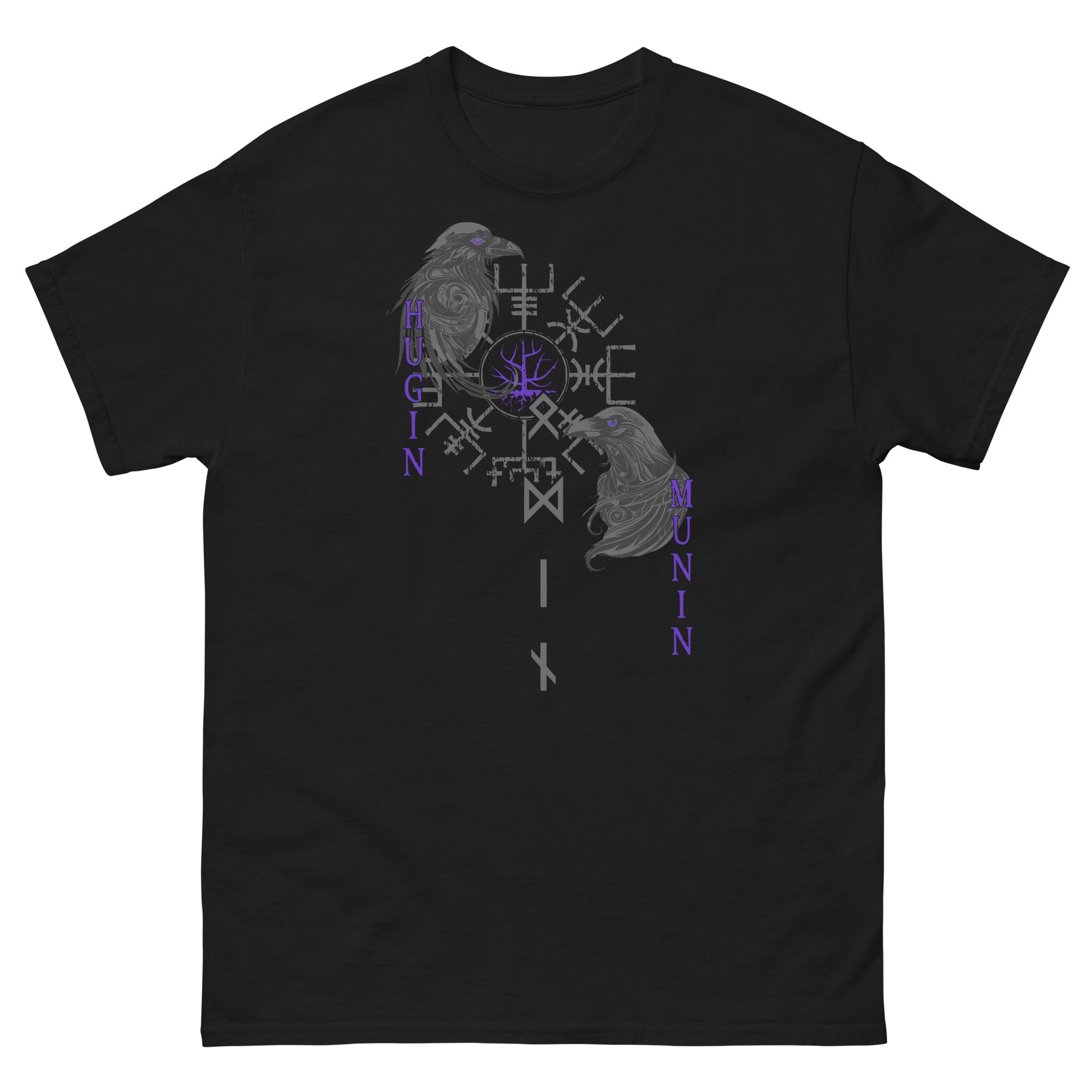 Frontansicht eines Wikinger T-Shirts mit Odins Raben, nordischen Runen und Schrift