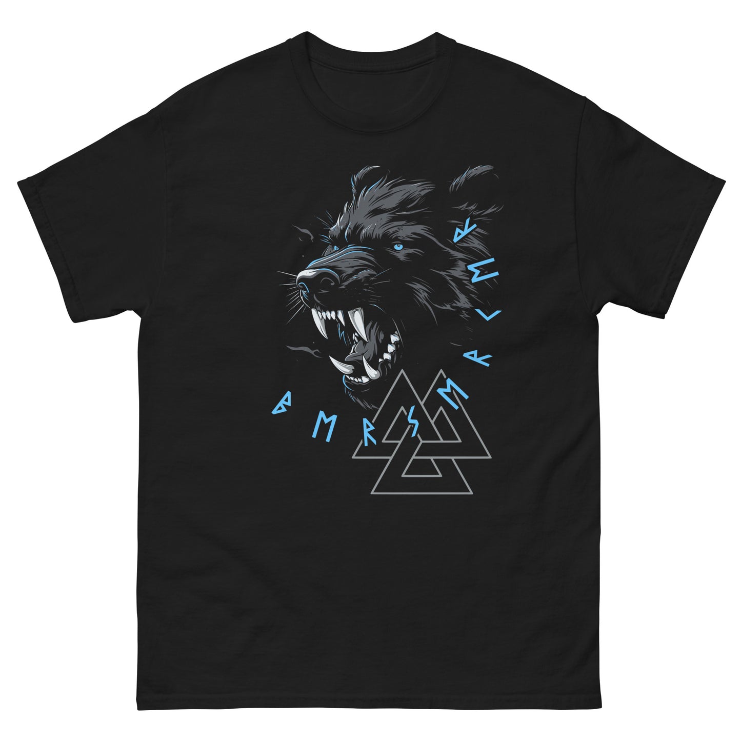 Frontansicht eines Wikinger T-Shirts mit wildem Baer, nordischen Runen und Schrift