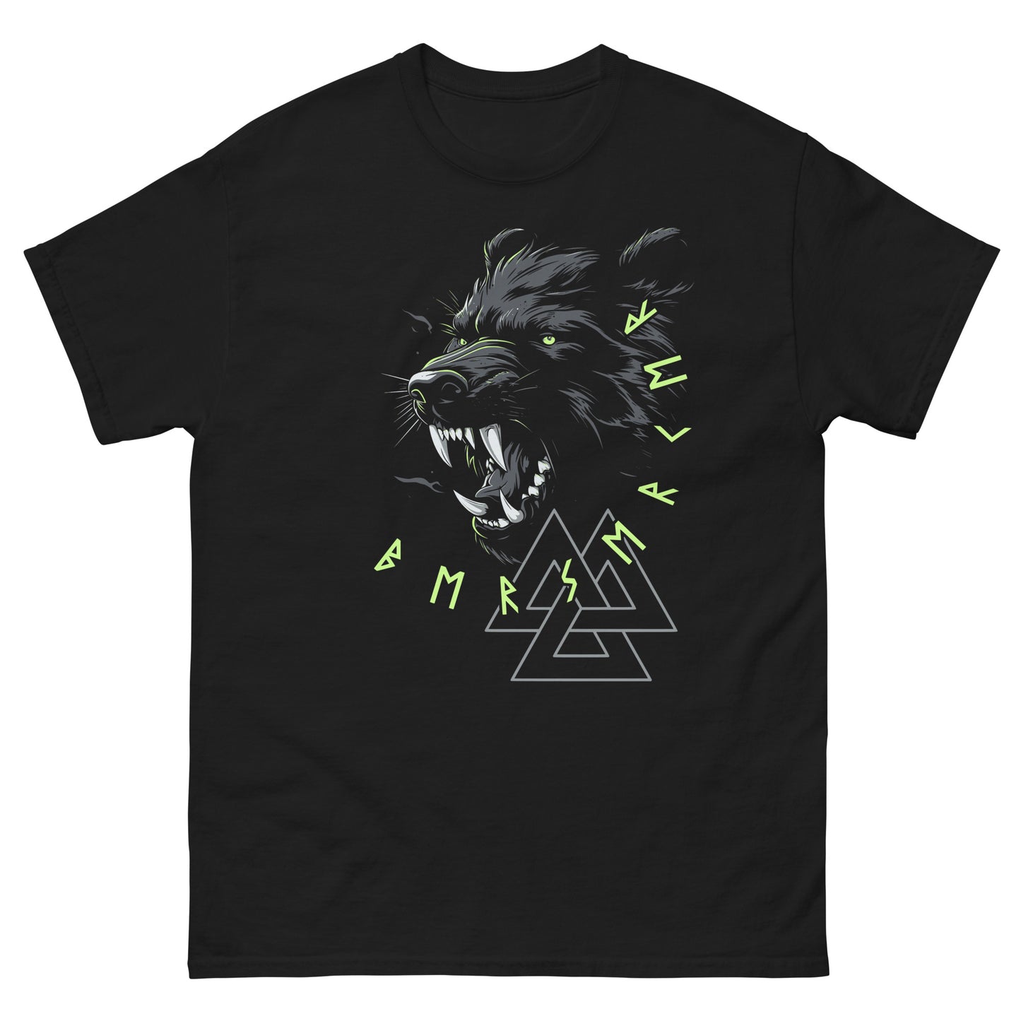 Frontansicht eines Wikinger T-Shirts mit wildem Baer, nordischen Runen und Schrift