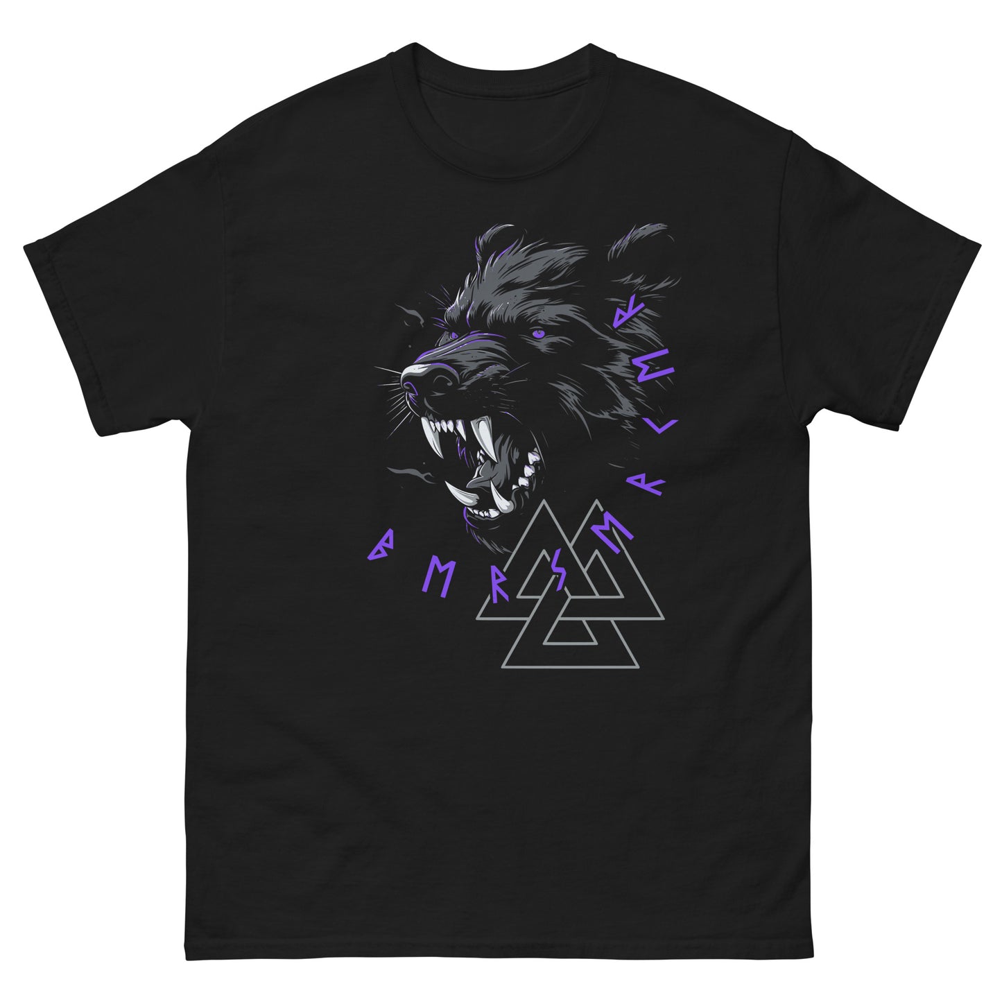 Frontansicht eines Wikinger T-Shirts mit wildem Baer, nordischen Runen und Schrift