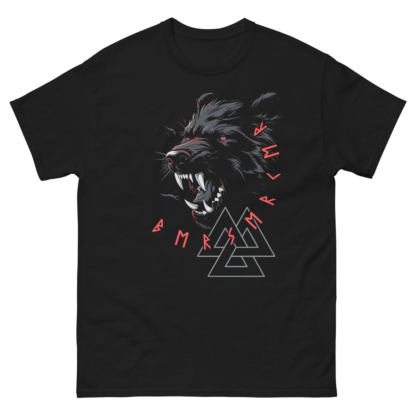 Frontansicht eines Wikinger T-Shirts mit wildem Baer, nordischen Runen und Schrift