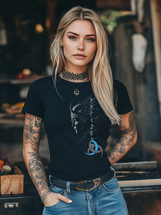 Die Walkuere Blau Wikinger T-Shirt von Vorne
