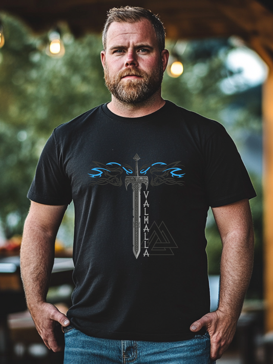 Schwert Nordische Kraft Blau Wikinger T-Shirt von Vorne
